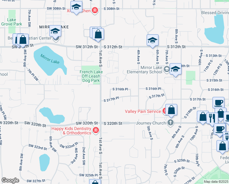 map of restaurants, bars, coffee shops, grocery stores, and more near 207 South 317th Place in Federal Way
