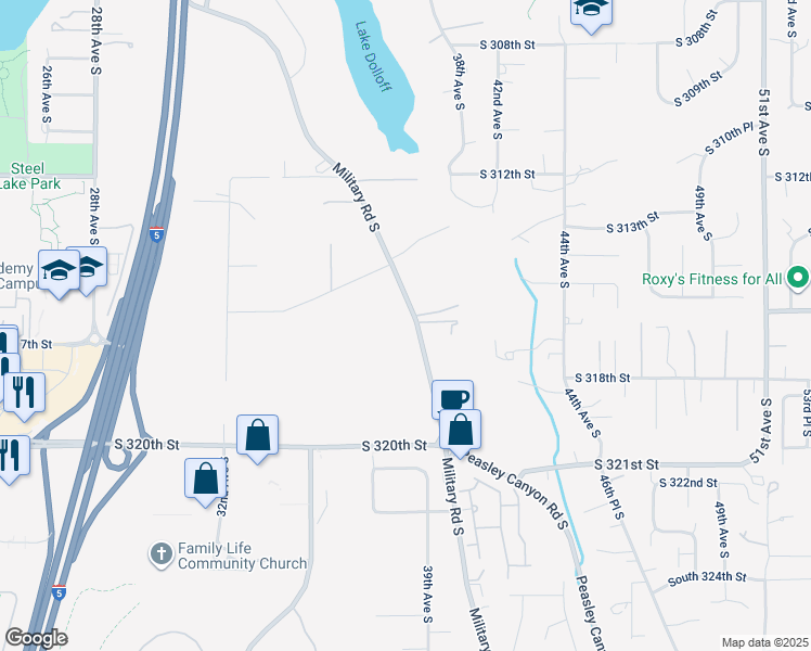 map of restaurants, bars, coffee shops, grocery stores, and more near 31655 Military Road South in Auburn