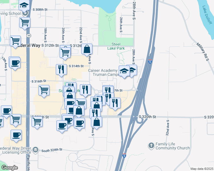 map of restaurants, bars, coffee shops, grocery stores, and more near 2520 South 317th Street in Federal Way