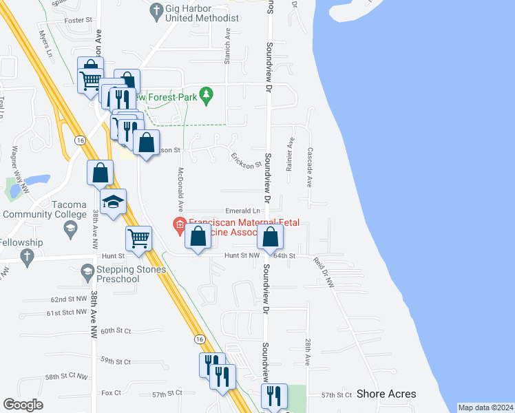 map of restaurants, bars, coffee shops, grocery stores, and more near 6606 Soundview Drive in Gig Harbor