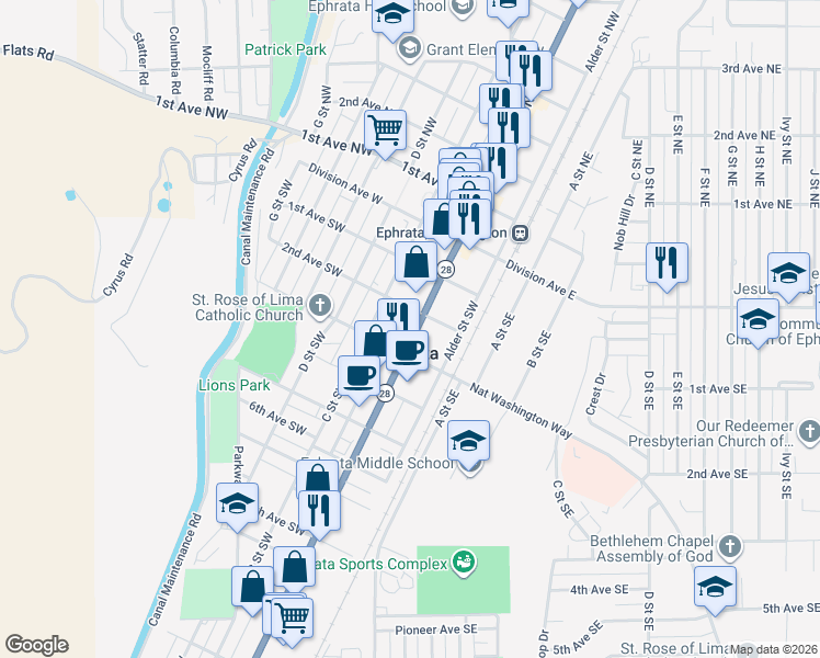 map of restaurants, bars, coffee shops, grocery stores, and more near 159 Basin Street Southwest in Ephrata