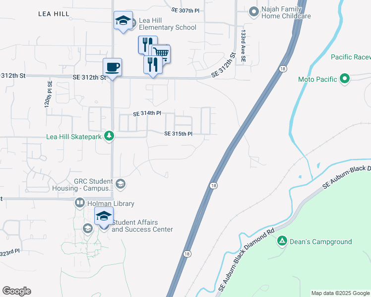 map of restaurants, bars, coffee shops, grocery stores, and more near 12912 Southeast 317th Court in Auburn