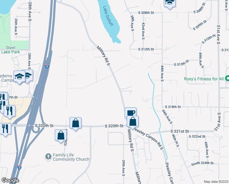 map of restaurants, bars, coffee shops, grocery stores, and more near 31601 Military Road South in Auburn