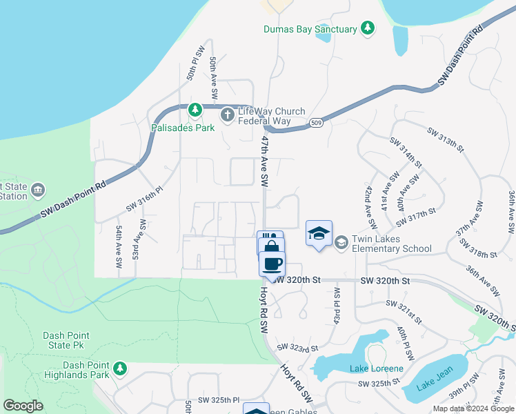 map of restaurants, bars, coffee shops, grocery stores, and more near 31520 47th Avenue Southwest in Federal Way