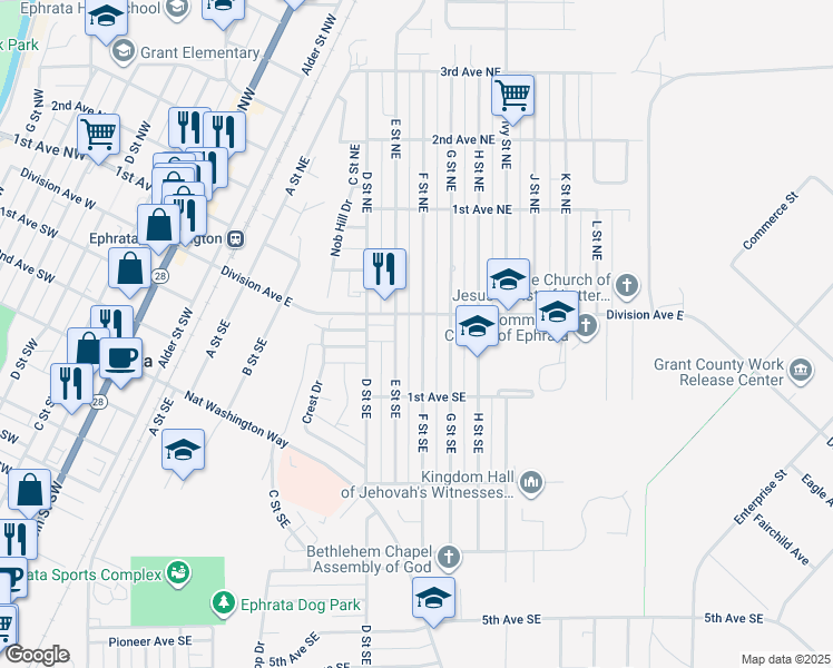 map of restaurants, bars, coffee shops, grocery stores, and more near 5 F Street Northeast in Ephrata