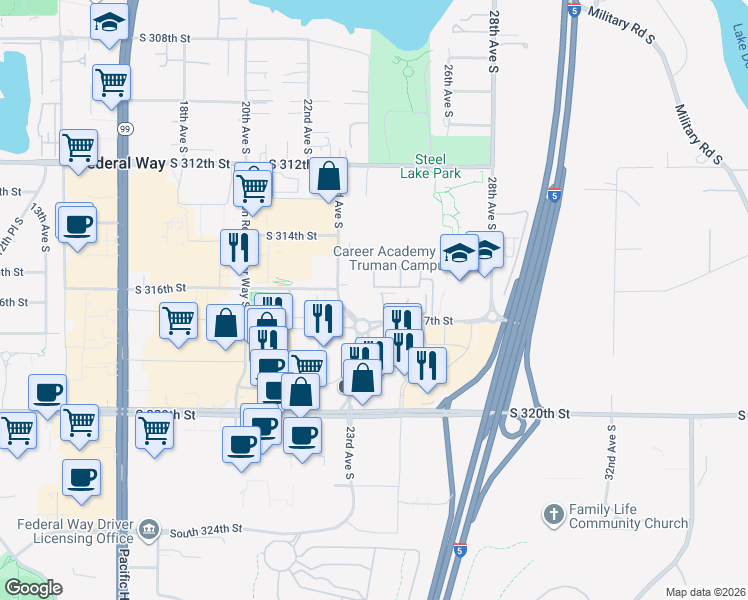 map of restaurants, bars, coffee shops, grocery stores, and more near 2506 South 317th Street in Federal Way