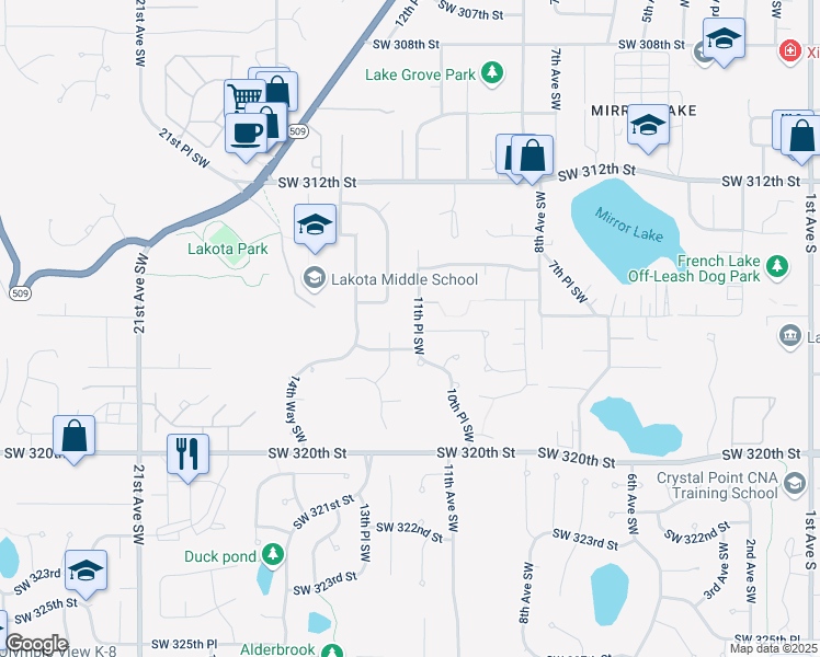 map of restaurants, bars, coffee shops, grocery stores, and more near 31523 11th Place Southwest in Federal Way