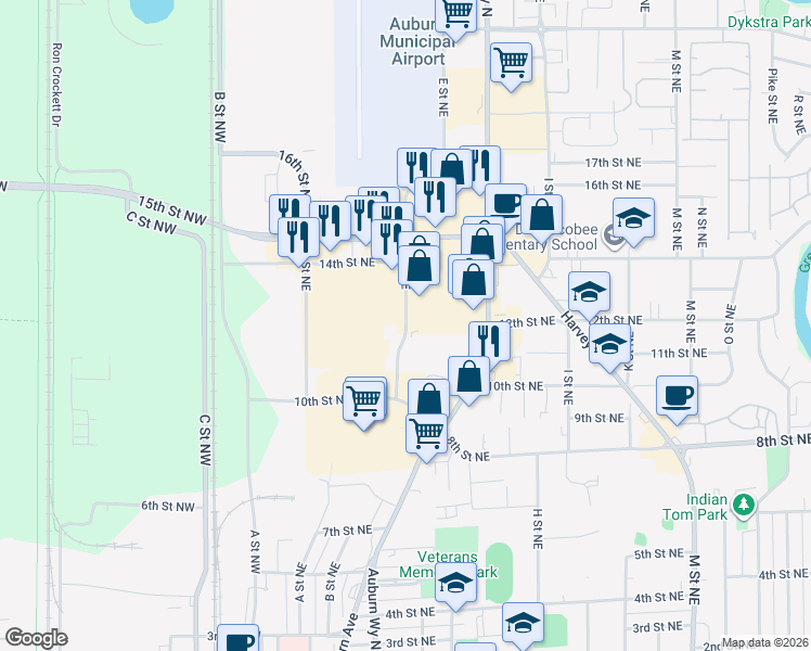 map of restaurants, bars, coffee shops, grocery stores, and more near 1222-1344 D Street Northeast in Auburn