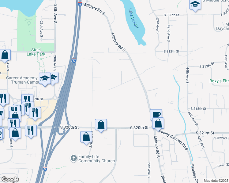 map of restaurants, bars, coffee shops, grocery stores, and more near 3419 South 316th Street in Auburn