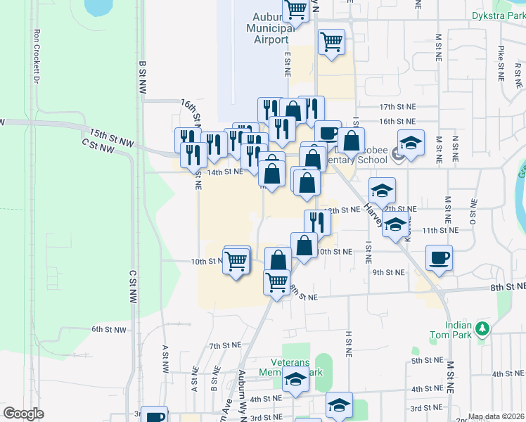 map of restaurants, bars, coffee shops, grocery stores, and more near 1221 D Street Northeast in Auburn