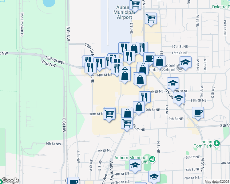 map of restaurants, bars, coffee shops, grocery stores, and more near 1221 D Street Northeast in Auburn