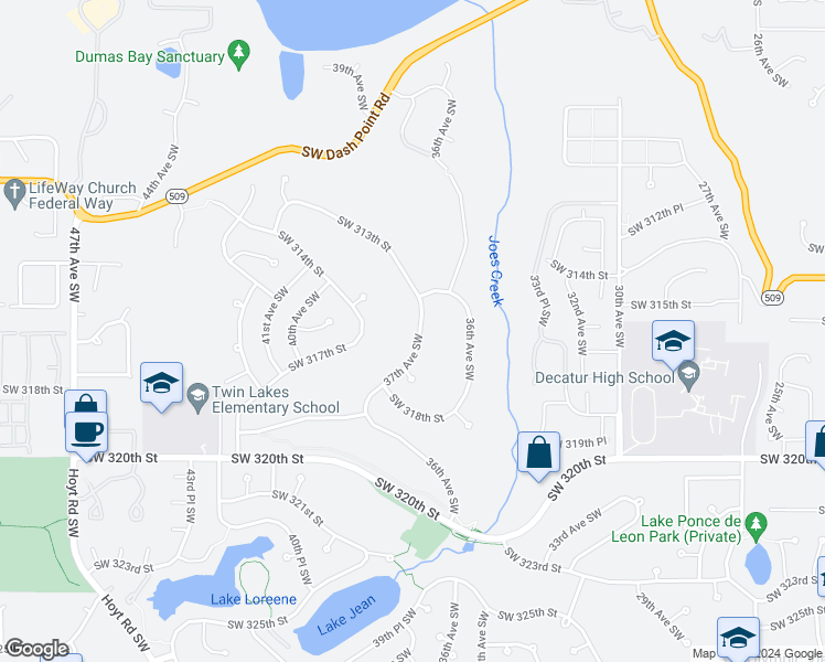 map of restaurants, bars, coffee shops, grocery stores, and more near 31611 37th Avenue Southwest in Federal Way