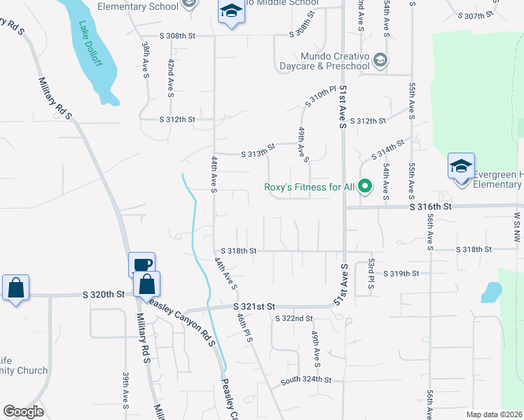 map of restaurants, bars, coffee shops, grocery stores, and more near 31701 46th Place South in Auburn