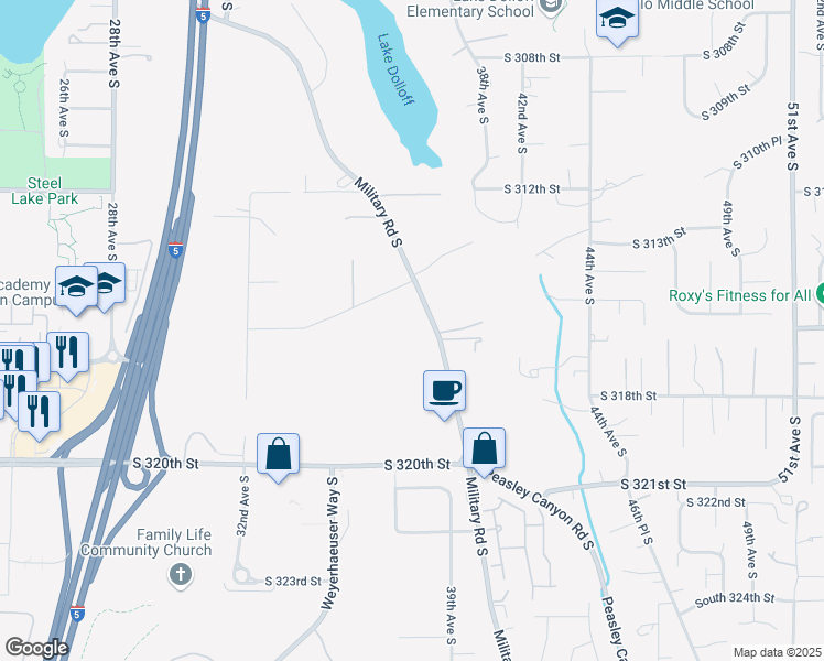 map of restaurants, bars, coffee shops, grocery stores, and more near 31601 Military Road South in Auburn