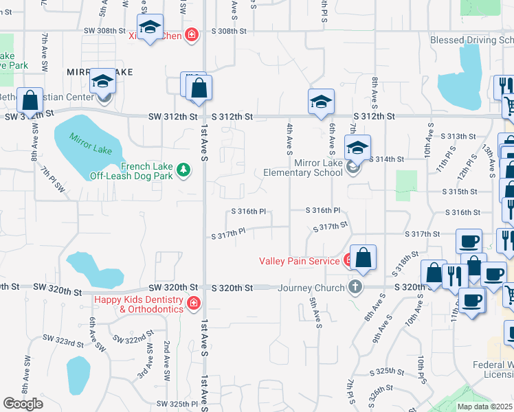 map of restaurants, bars, coffee shops, grocery stores, and more near 31515 2nd Court South in Federal Way