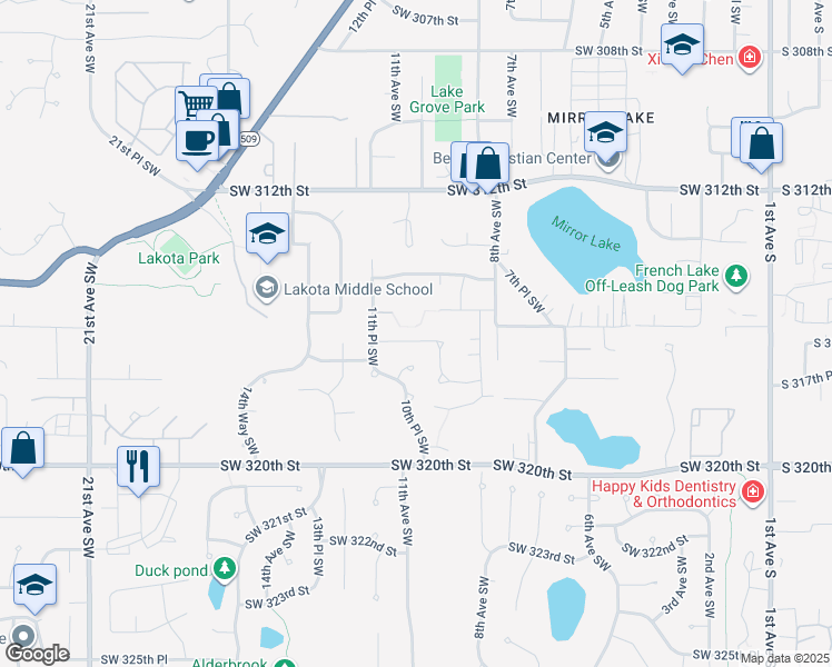 map of restaurants, bars, coffee shops, grocery stores, and more near 31524 11th Place Southwest in Federal Way