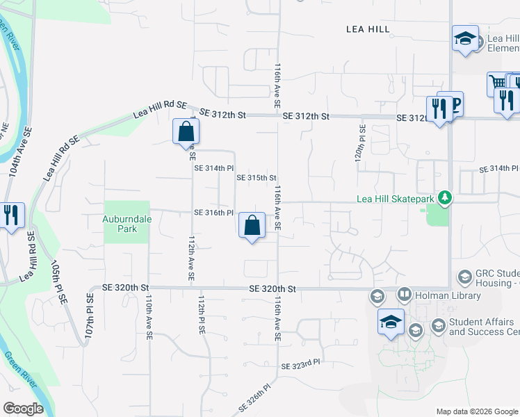 map of restaurants, bars, coffee shops, grocery stores, and more near 31572 115th Avenue Southeast in Auburn