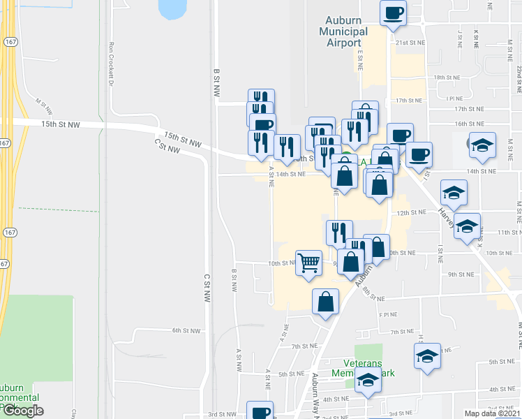 map of restaurants, bars, coffee shops, grocery stores, and more near 1251 A Street Northeast in Auburn