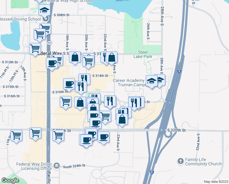 map of restaurants, bars, coffee shops, grocery stores, and more near 2099 South 316th Street in Federal Way