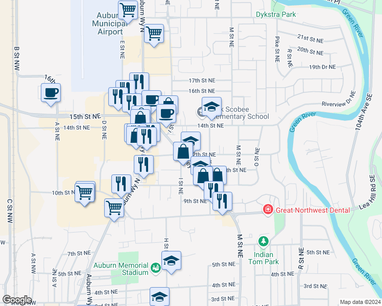 map of restaurants, bars, coffee shops, grocery stores, and more near 945 12th Street Northeast in Auburn