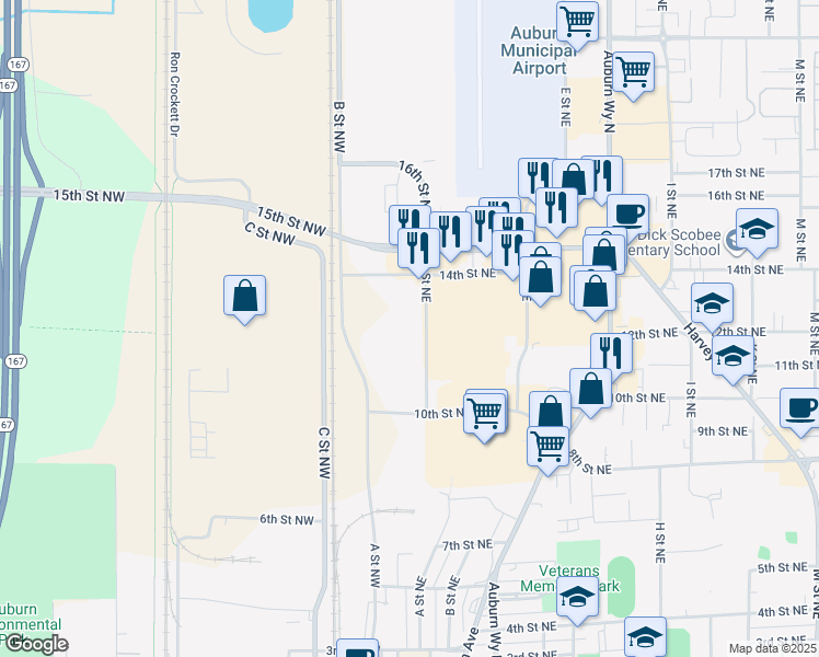 map of restaurants, bars, coffee shops, grocery stores, and more near 1221 A Street Northeast in Auburn
