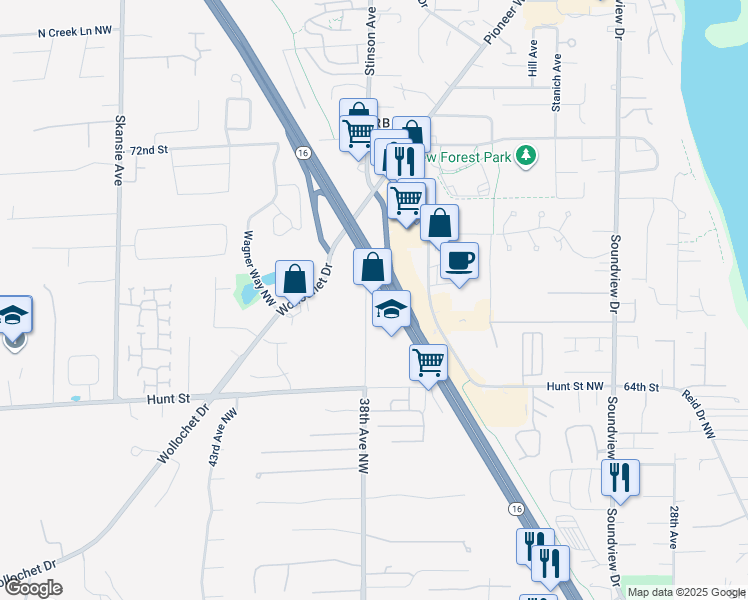 map of restaurants, bars, coffee shops, grocery stores, and more near 6615 38th Avenue in Gig Harbor
