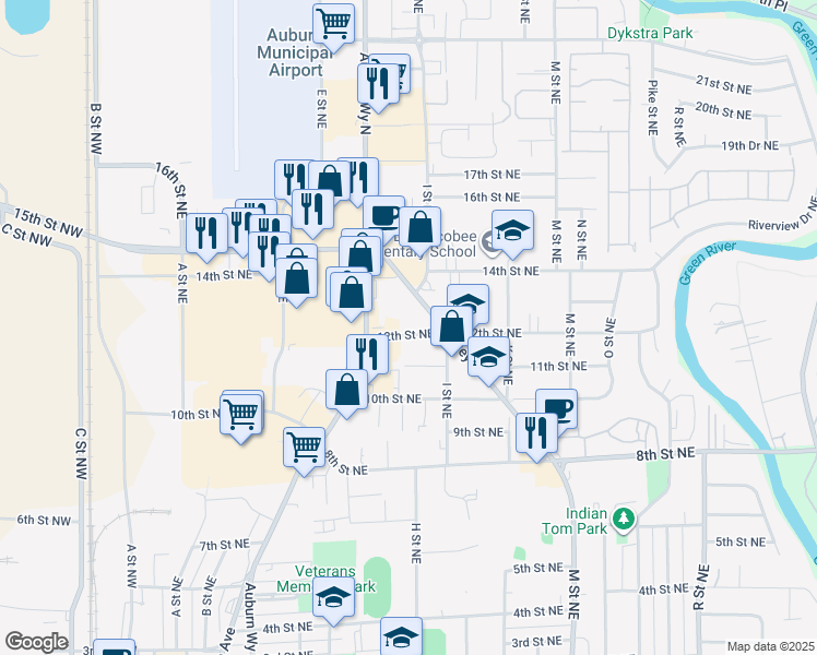map of restaurants, bars, coffee shops, grocery stores, and more near 803 12th Street Northeast in Auburn