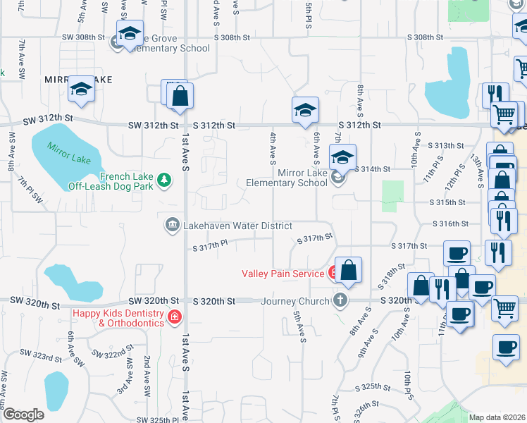 map of restaurants, bars, coffee shops, grocery stores, and more near 31531 4th Avenue South in Federal Way