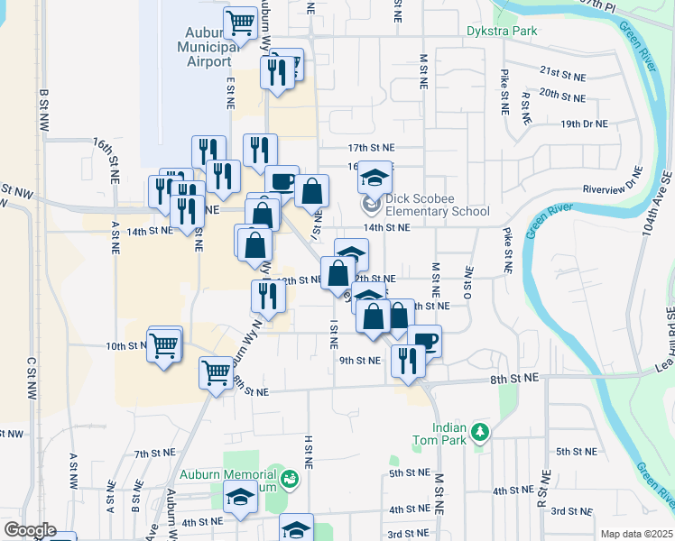 map of restaurants, bars, coffee shops, grocery stores, and more near 1206 Harvey Road in Auburn