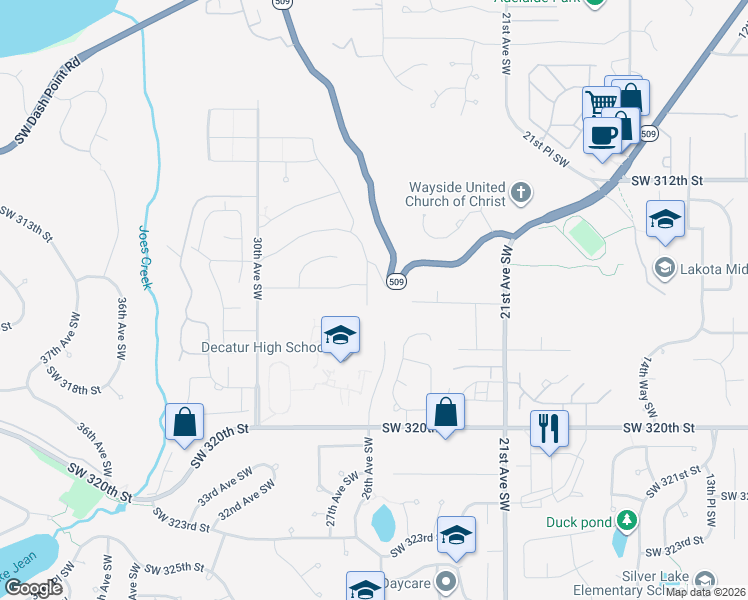 map of restaurants, bars, coffee shops, grocery stores, and more near 31511 27th Avenue Southwest in Federal Way