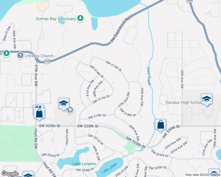 map of restaurants, bars, coffee shops, grocery stores, and more near 31509 39th Avenue Southwest in Federal Way