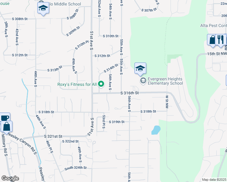map of restaurants, bars, coffee shops, grocery stores, and more near 31468 54th Avenue South in Auburn