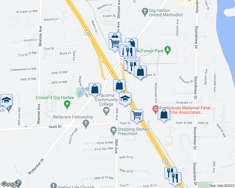 map of restaurants, bars, coffee shops, grocery stores, and more near 6617 38th Avenue Northwest in Gig Harbor
