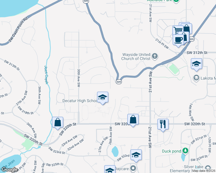 map of restaurants, bars, coffee shops, grocery stores, and more near 31511 27th Avenue Southwest in Federal Way
