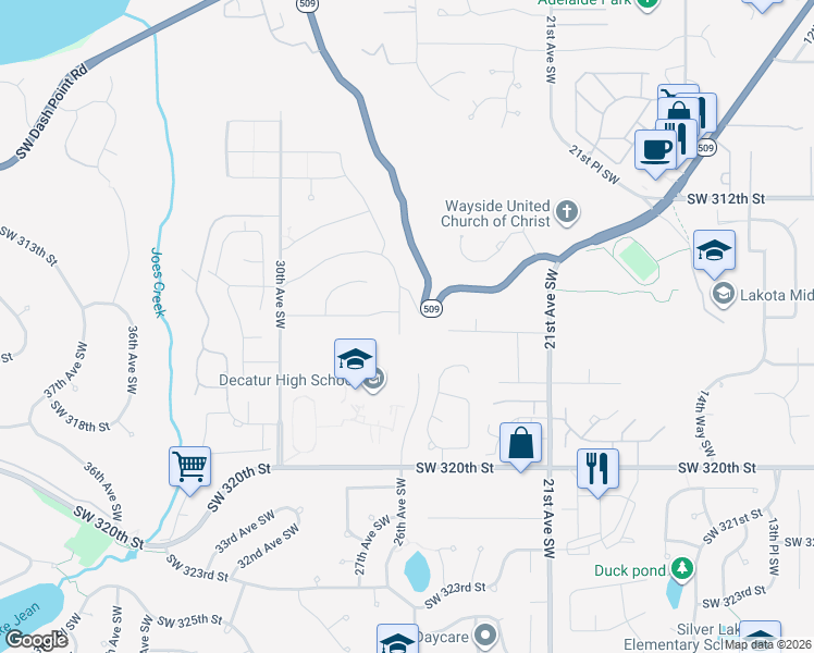 map of restaurants, bars, coffee shops, grocery stores, and more near 31511 27th Avenue Southwest in Federal Way