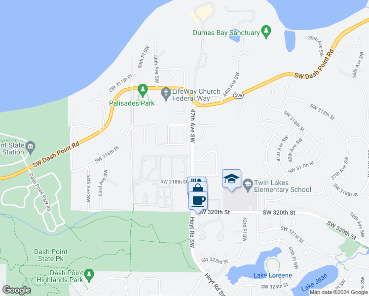 map of restaurants, bars, coffee shops, grocery stores, and more near 4715 Southwest 315th Place in Federal Way