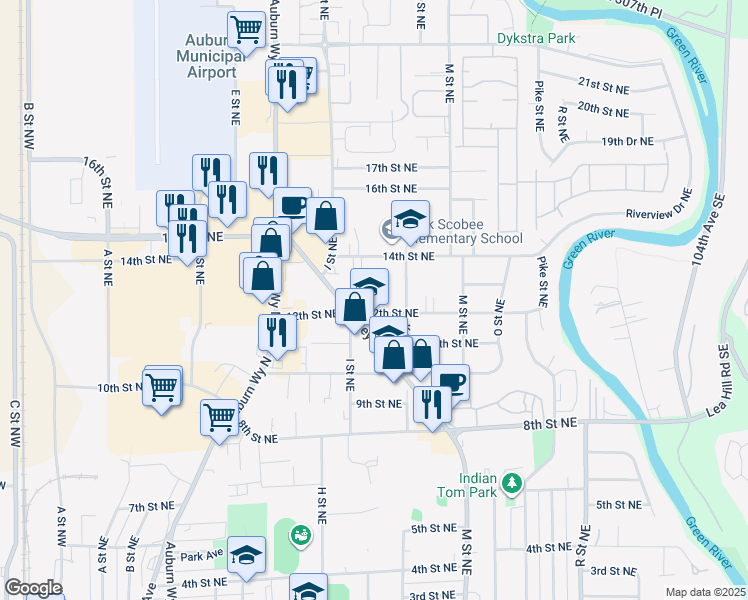 map of restaurants, bars, coffee shops, grocery stores, and more near 1003 12th Street Northeast in Auburn