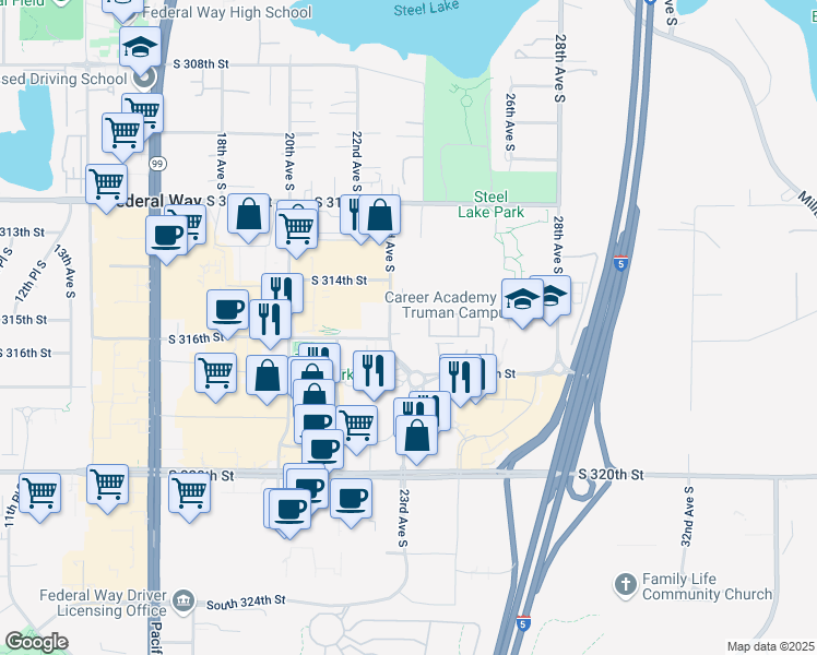 map of restaurants, bars, coffee shops, grocery stores, and more near 2099 South 316th Street in Federal Way