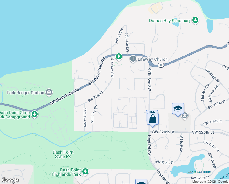 map of restaurants, bars, coffee shops, grocery stores, and more near 31439 50th Avenue Southwest in Federal Way