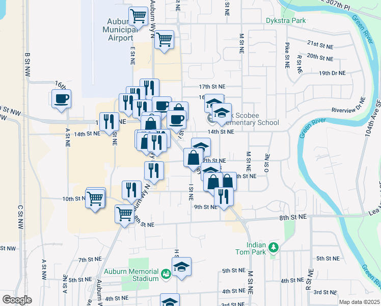 map of restaurants, bars, coffee shops, grocery stores, and more near 1206 Harvey Road in Auburn