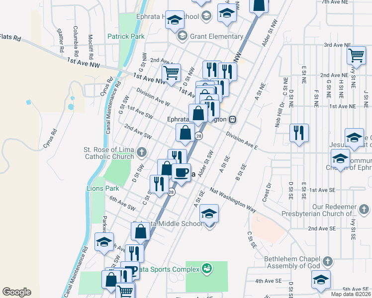 map of restaurants, bars, coffee shops, grocery stores, and more near 159 Basin Street Southwest in Ephrata