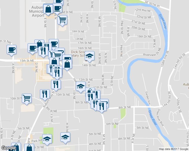 map of restaurants, bars, coffee shops, grocery stores, and more near 1115 12th Street Northeast in Auburn