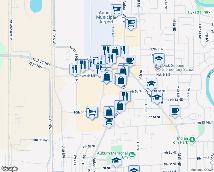 map of restaurants, bars, coffee shops, grocery stores, and more near 1301 Auburn Way North in Auburn