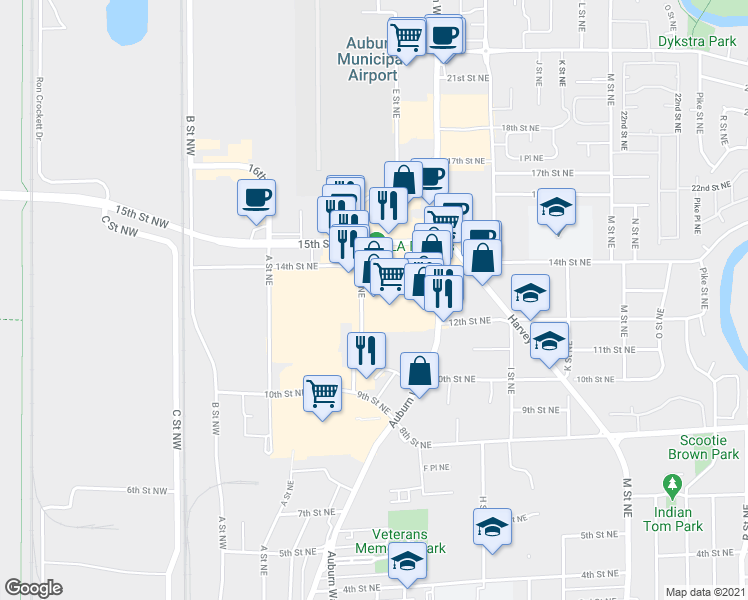 map of restaurants, bars, coffee shops, grocery stores, and more near 1301 Auburn Way North in Auburn