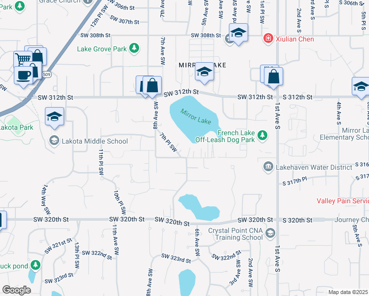 map of restaurants, bars, coffee shops, grocery stores, and more near 31460 7th Place Southwest in Federal Way