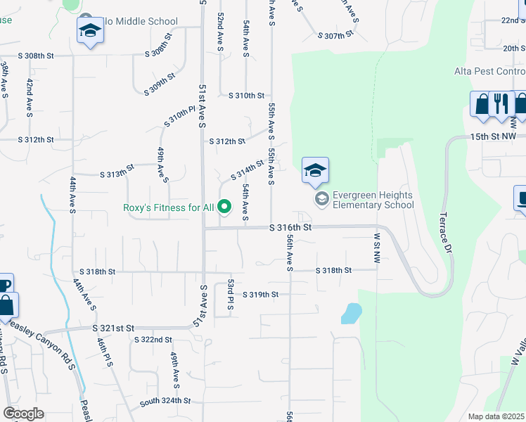 map of restaurants, bars, coffee shops, grocery stores, and more near 31468 54th Avenue South in Auburn