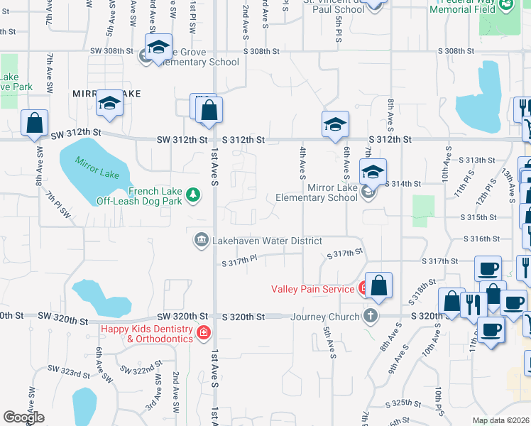 map of restaurants, bars, coffee shops, grocery stores, and more near 31515 2nd Court South in Federal Way