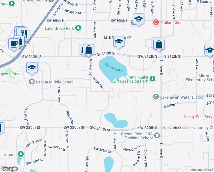 map of restaurants, bars, coffee shops, grocery stores, and more near 31460 7th Place Southwest in Federal Way
