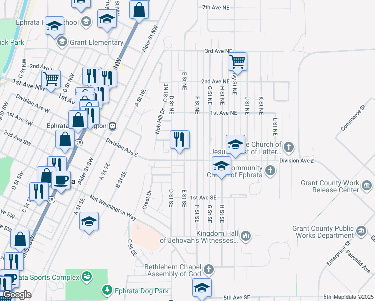 map of restaurants, bars, coffee shops, grocery stores, and more near 5 F Street Northeast in Ephrata