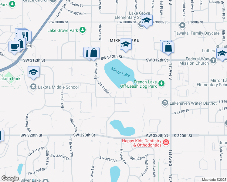 map of restaurants, bars, coffee shops, grocery stores, and more near 31460 7th Place Southwest in Federal Way
